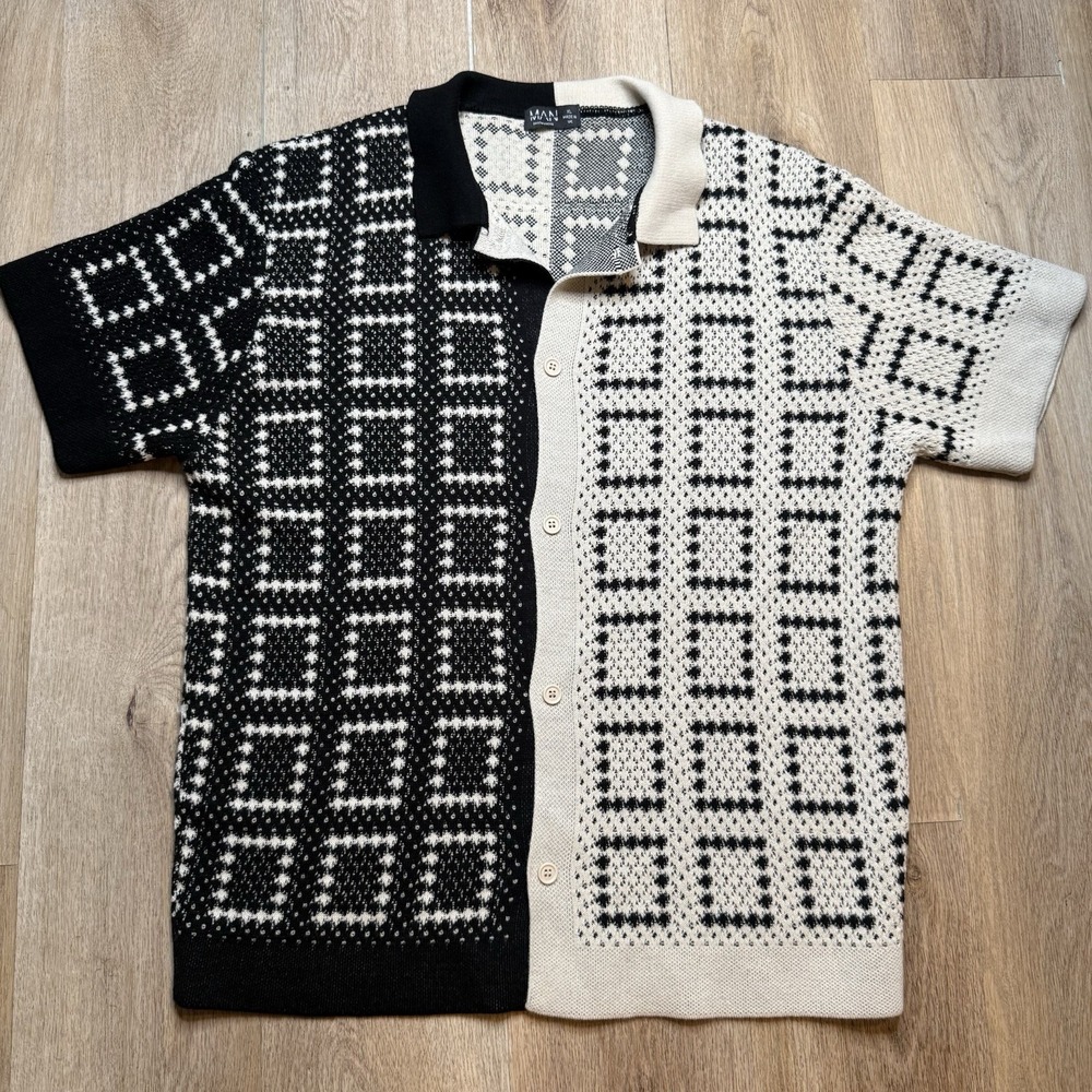 BoohooMAN Knit Crochet Shirt Mens XL Colorblock Geometric Retro Polo Short